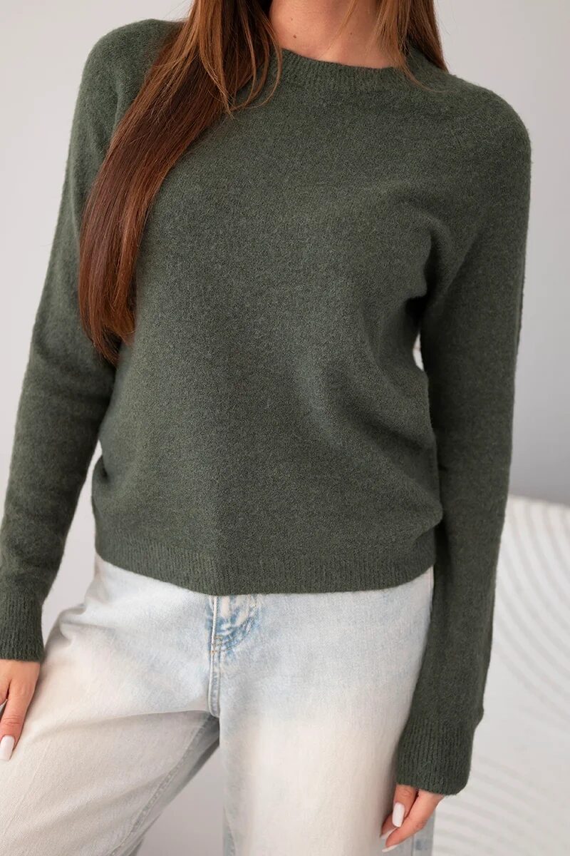 Sweter damski z baby alpaki z długim rękawem i okrągłym dekoltem khaki - obrazek 4