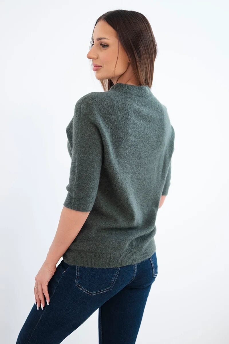 Sweter damski z baby alpaki z krótkim rękawem i okrągłym dekoltem khaki - obrazek 4