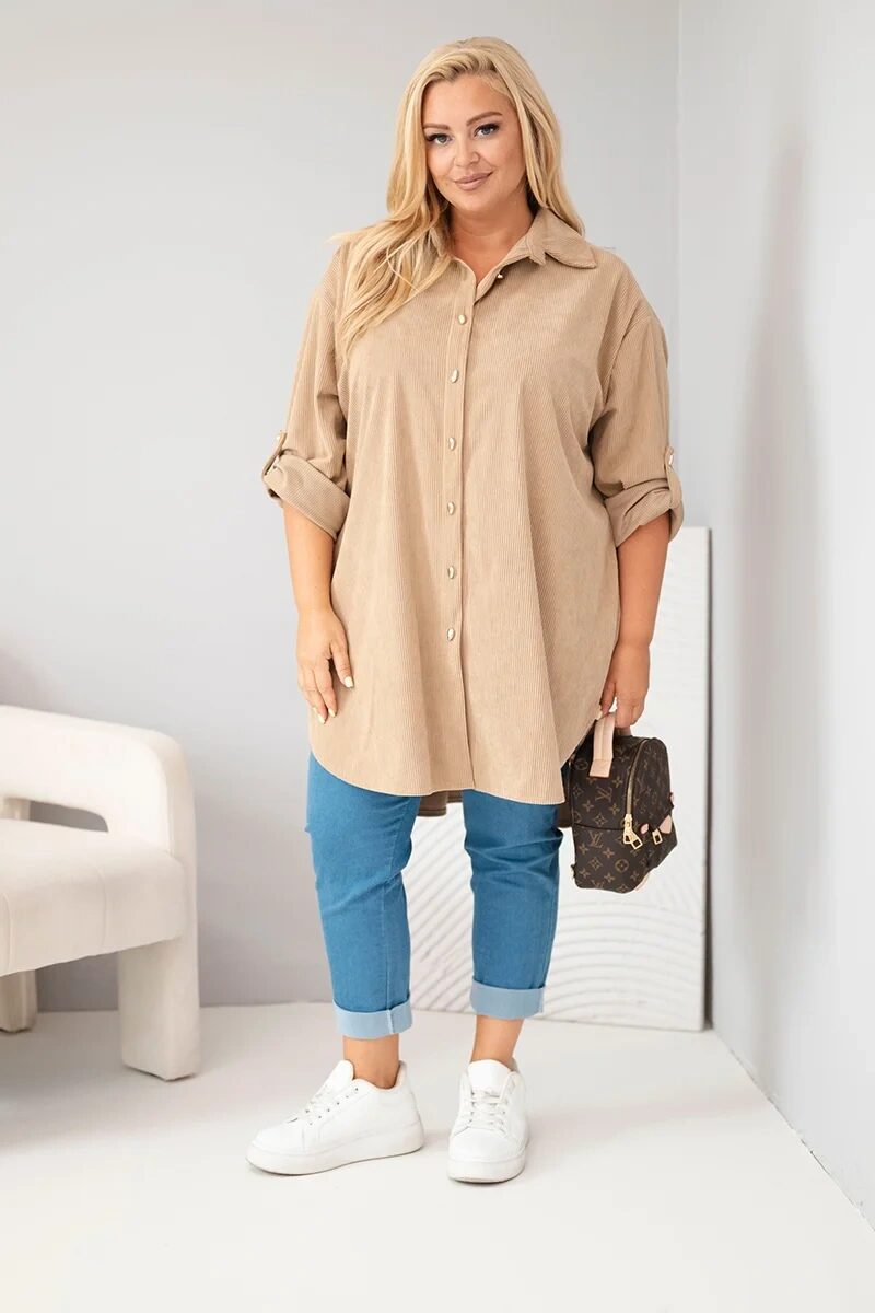 Koszula damska Plus Size z wiskozy sztruksowa z podpinanymi rękawami camelowa - obrazek 2