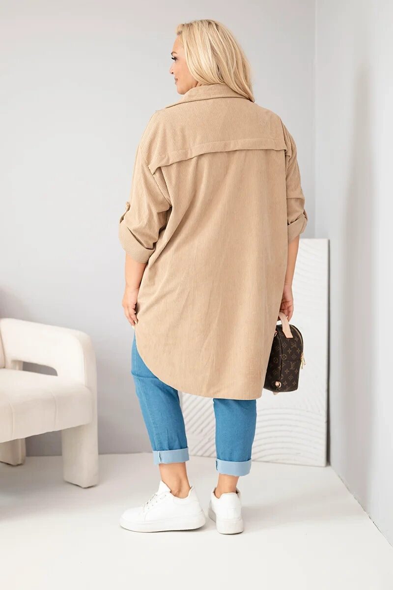 Koszula damska Plus Size z wiskozy sztruksowa z podpinanymi rękawami camelowa - obrazek 3
