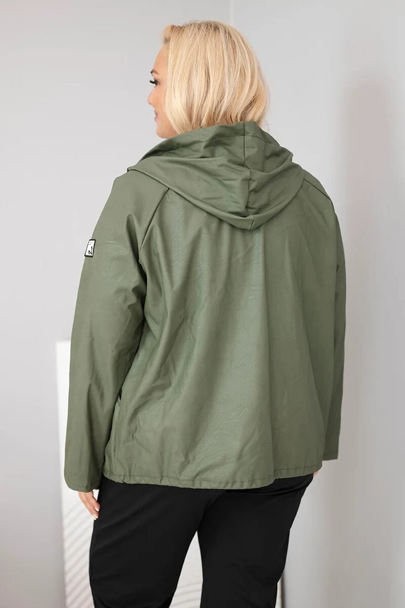Kurtka damska Plus Size z kapturem i regulowanym dołem khaki - obrazek 3