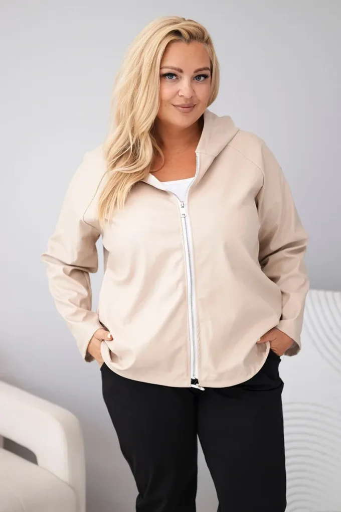 Kurtka damska Plus Size z kapturem i regulowanym dołem beżowa