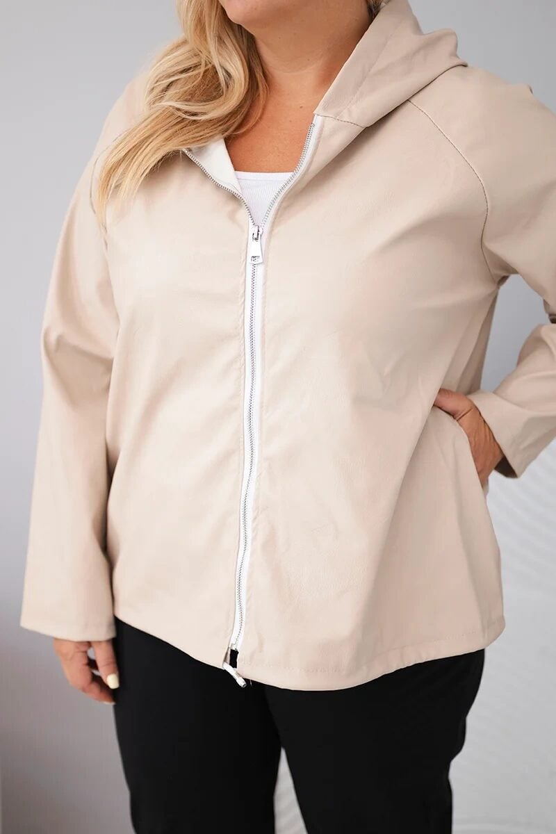 Kurtka damska Plus Size z kapturem i regulowanym dołem beżowa - obrazek 4