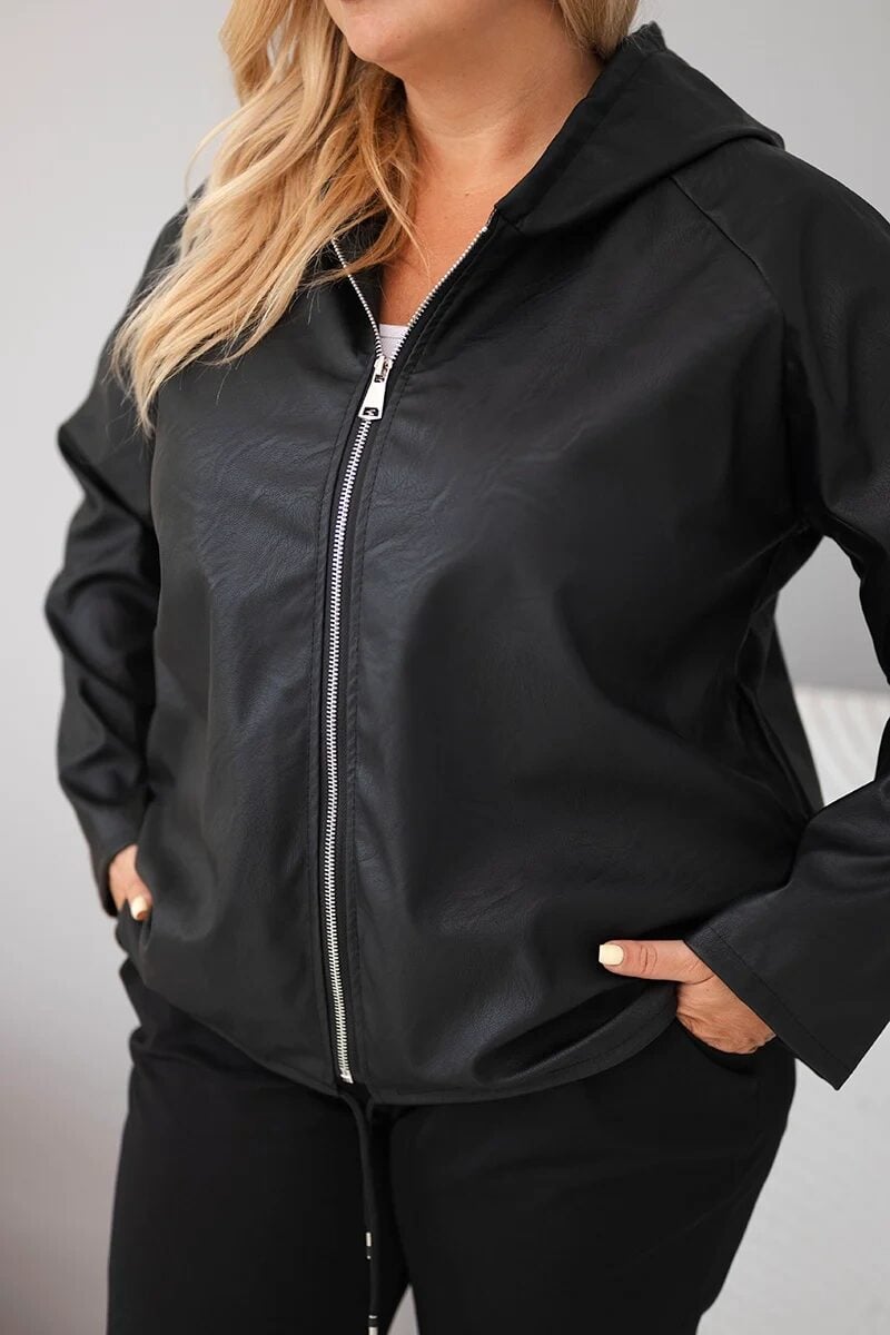 Kurtka damska Plus Size z kapturem i regulowanym dołem czarna - obrazek 4