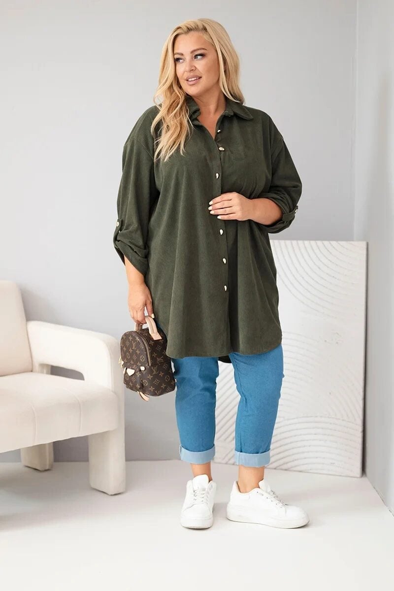Koszula damska Plus Size z wiskozy sztruksowa z podpinanymi rękawami khaki - obrazek 2