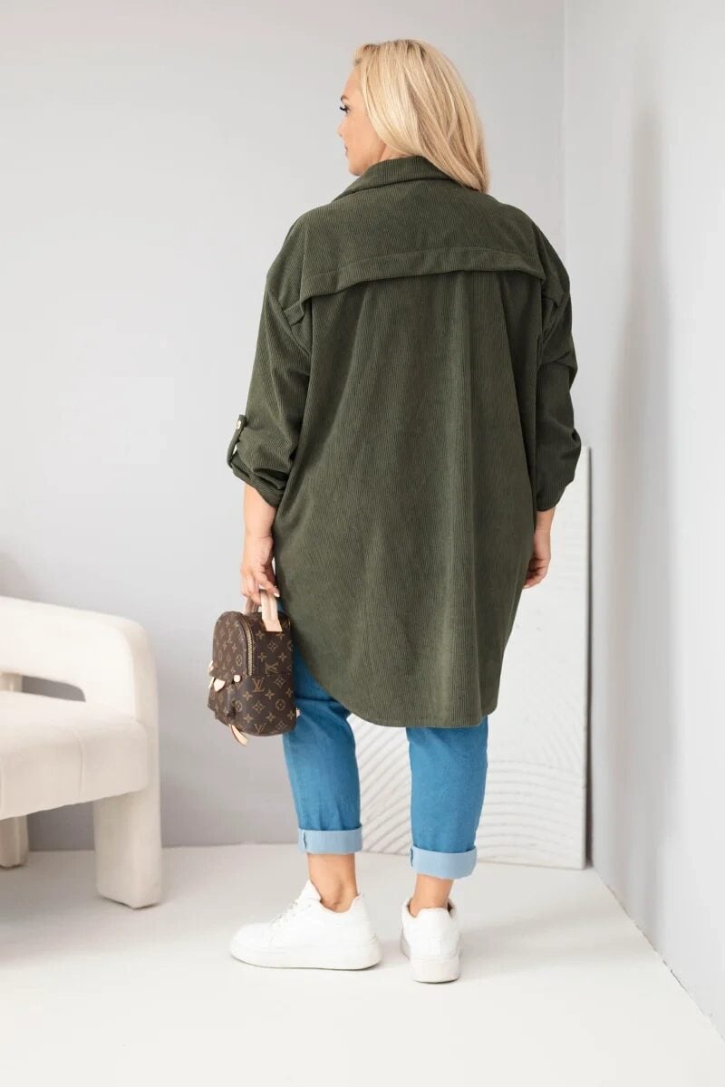Koszula damska Plus Size z wiskozy sztruksowa z podpinanymi rękawami khaki - obrazek 3