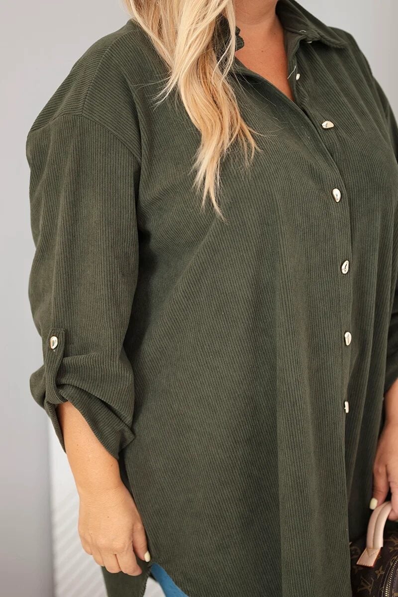 Koszula damska Plus Size z wiskozy sztruksowa z podpinanymi rękawami khaki - obrazek 4