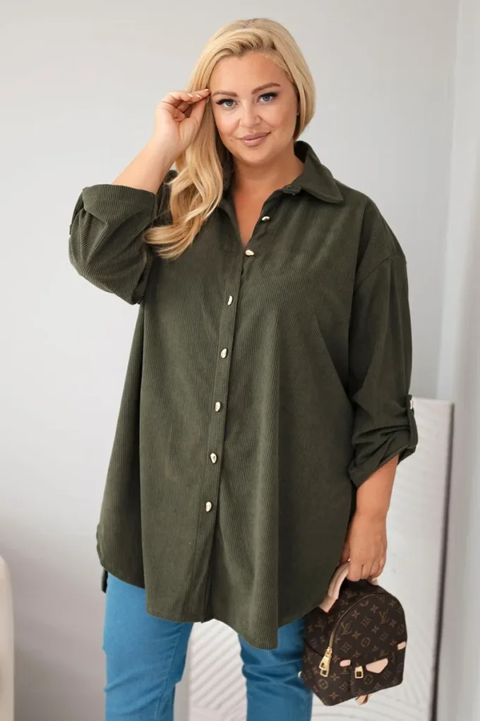 Koszula damska Plus Size z wiskozy sztruksowa z podpinanymi rękawami khaki