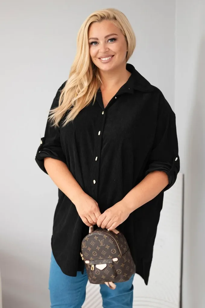 Koszula damska Plus Size z wiskozy sztruksowa z podpinanymi rękawami czarna