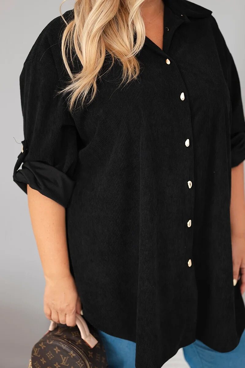 Koszula damska Plus Size z wiskozy sztruksowa z podpinanymi rękawami czarna - obrazek 4