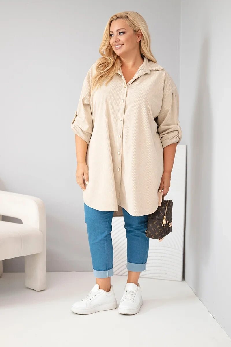 Koszula damska Plus Size z wiskozy sztruksowa z podpinanymi rękawami beżowa - obrazek 2