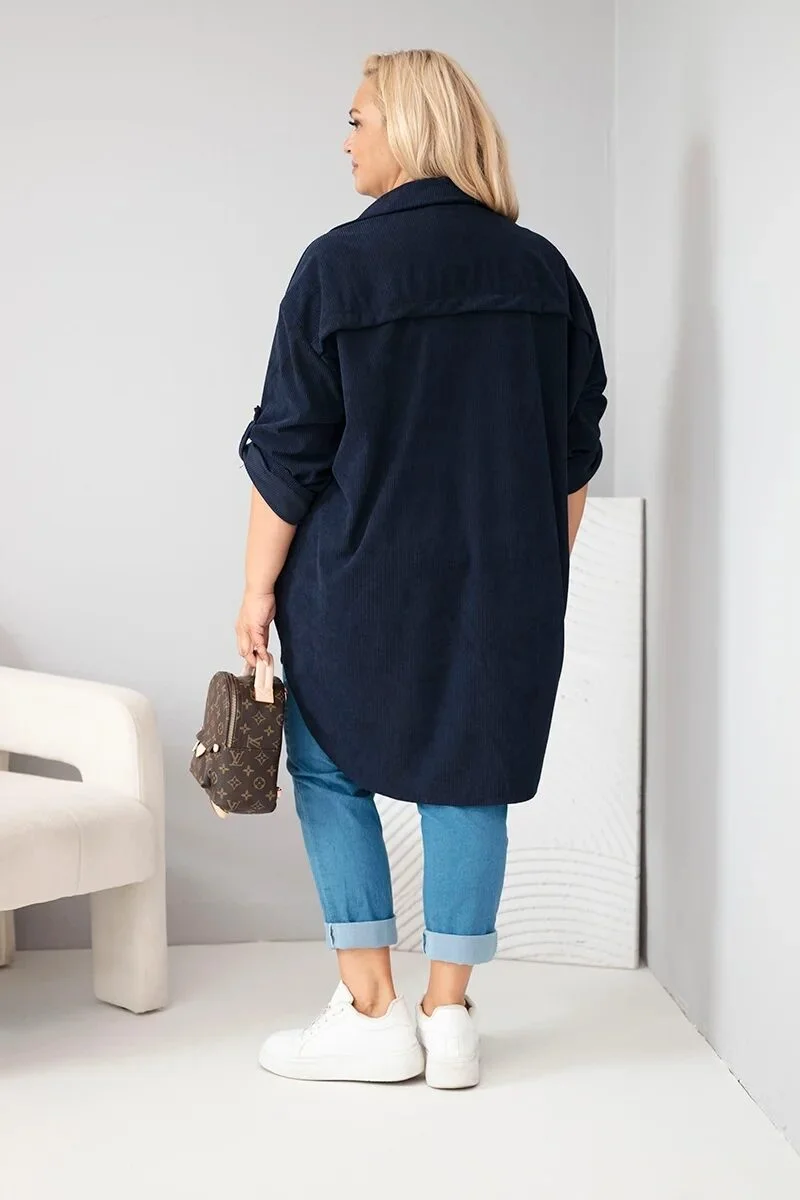 Koszula damska Plus Size z wiskozy sztruksowa z podpinanymi rękawami granatowa - obrazek 3