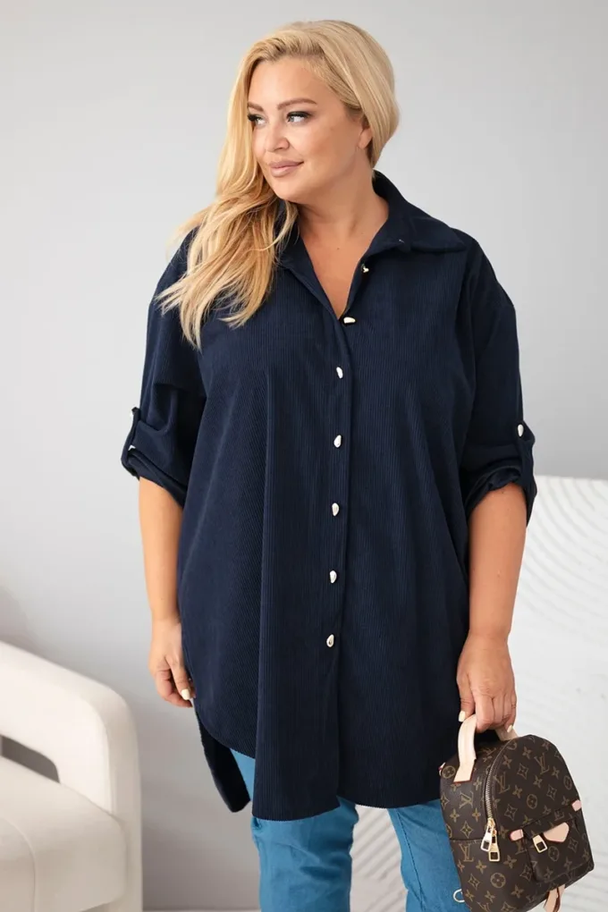 Koszula damska Plus Size z wiskozy sztruksowa z podpinanymi rękawami granatowa