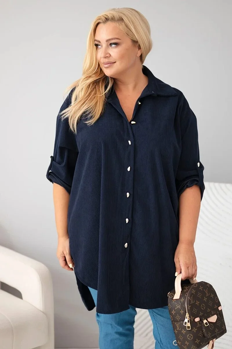 Koszula damska Plus Size z wiskozy sztruksowa z podpinanymi rękawami granatowa