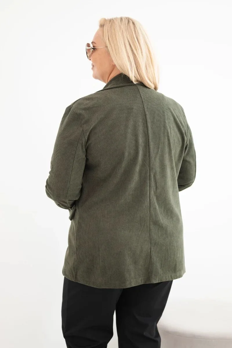 Marynarka damska Plus Size sztruksowa z klapami i kieszeniami khaki - obrazek 3