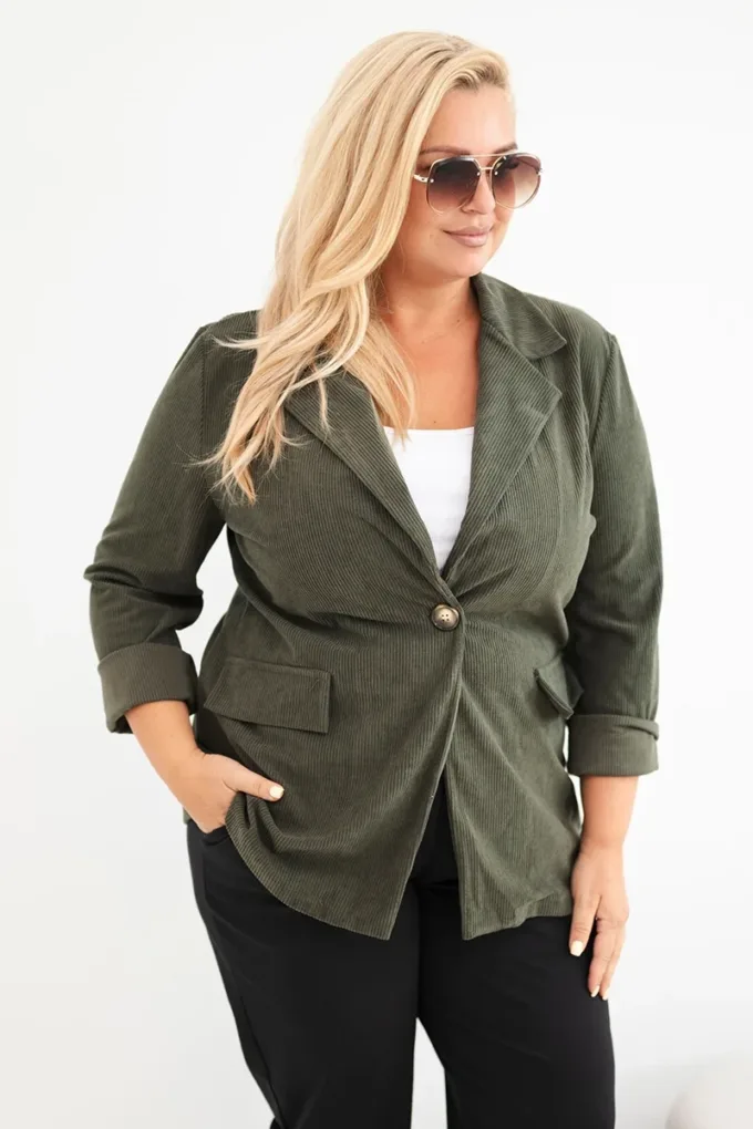 Marynarka damska Plus Size sztruksowa z klapami i kieszeniami khaki