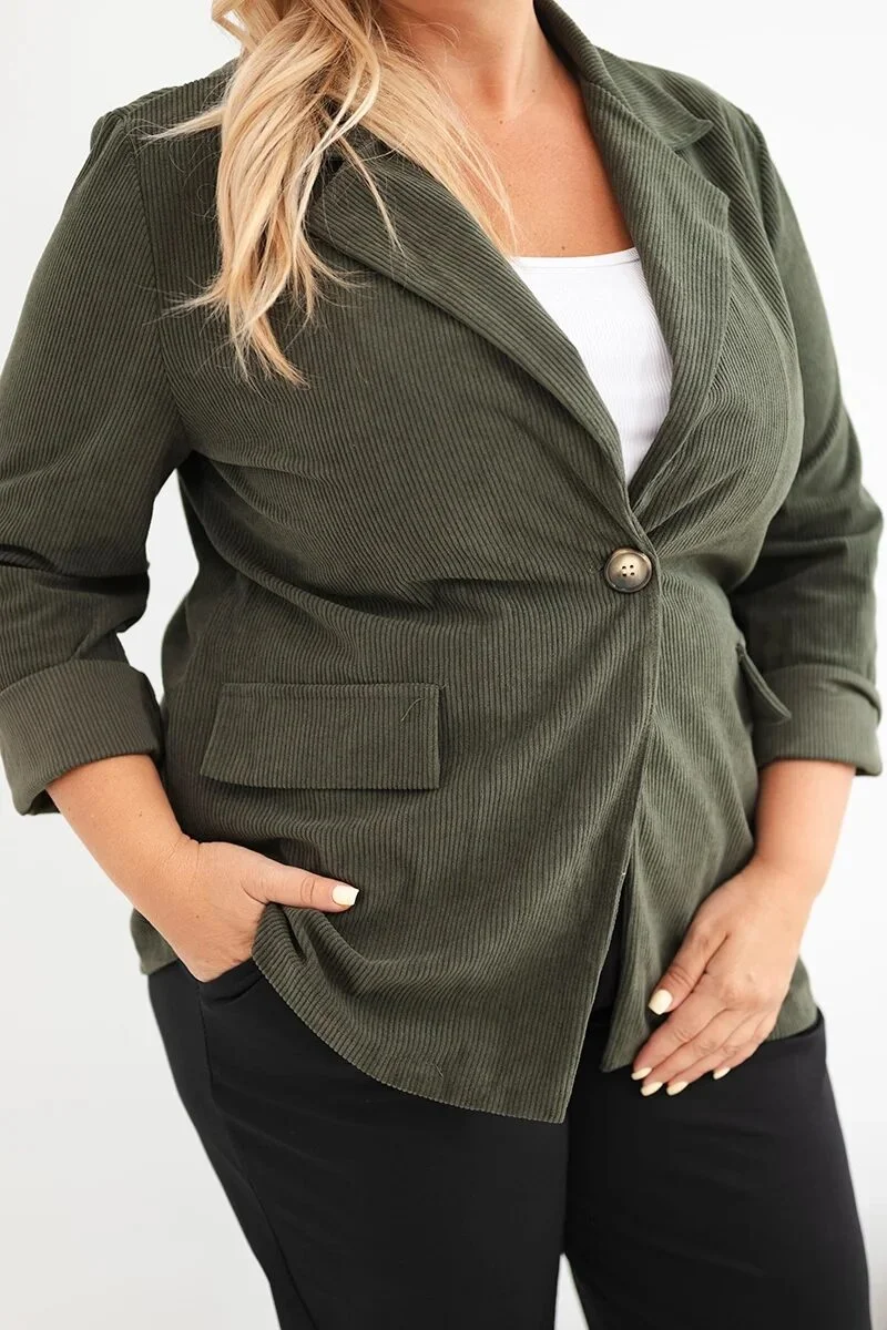 Marynarka damska Plus Size sztruksowa z klapami i kieszeniami khaki - obrazek 4