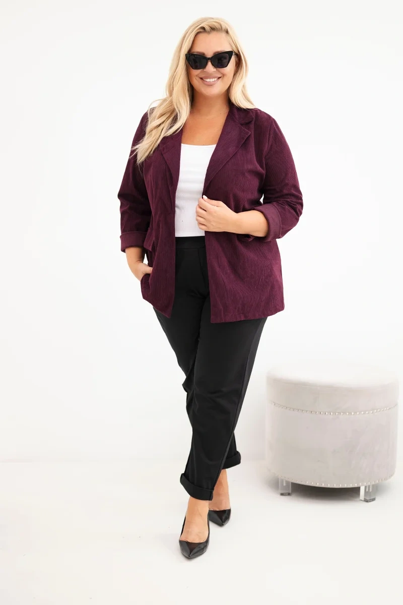 Marynarka damska Plus Size sztruksowa z klapami i kieszeniami śliwkowa - obrazek 2