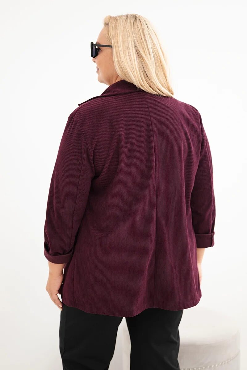 Marynarka damska Plus Size sztruksowa z klapami i kieszeniami śliwkowa - obrazek 3