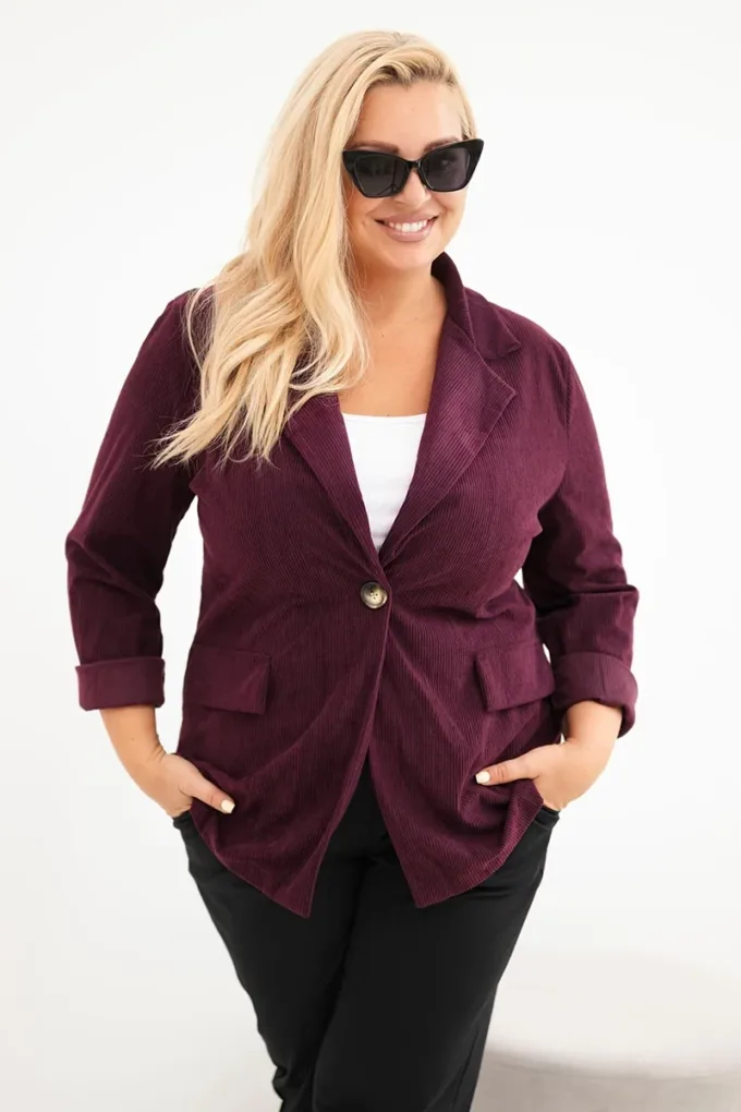 Marynarka damska Plus Size sztruksowa z klapami i kieszeniami śliwkowa