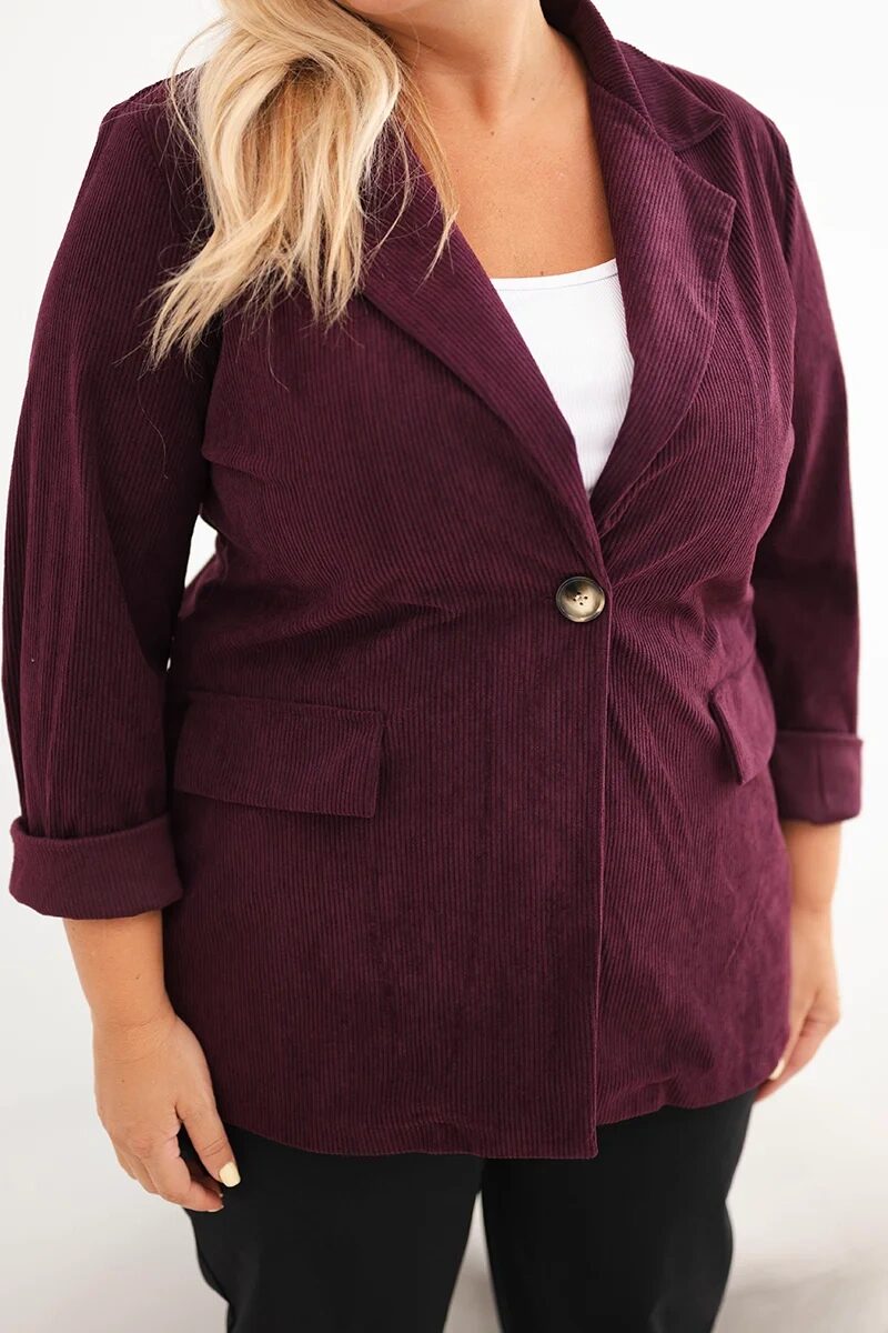 Marynarka damska Plus Size sztruksowa z klapami i kieszeniami śliwkowa - obrazek 4