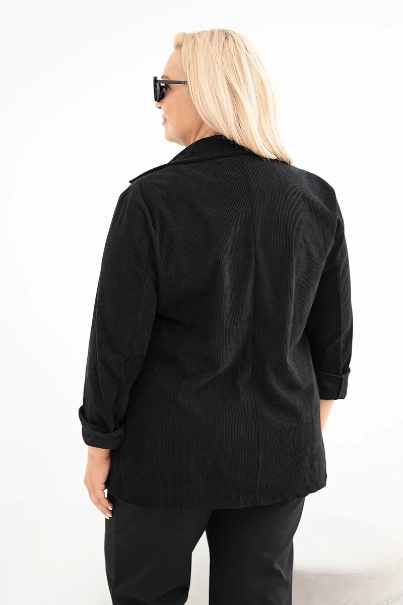 Marynarka damska Plus Size sztruksowa z klapami i kieszeniami czarna - obrazek 3