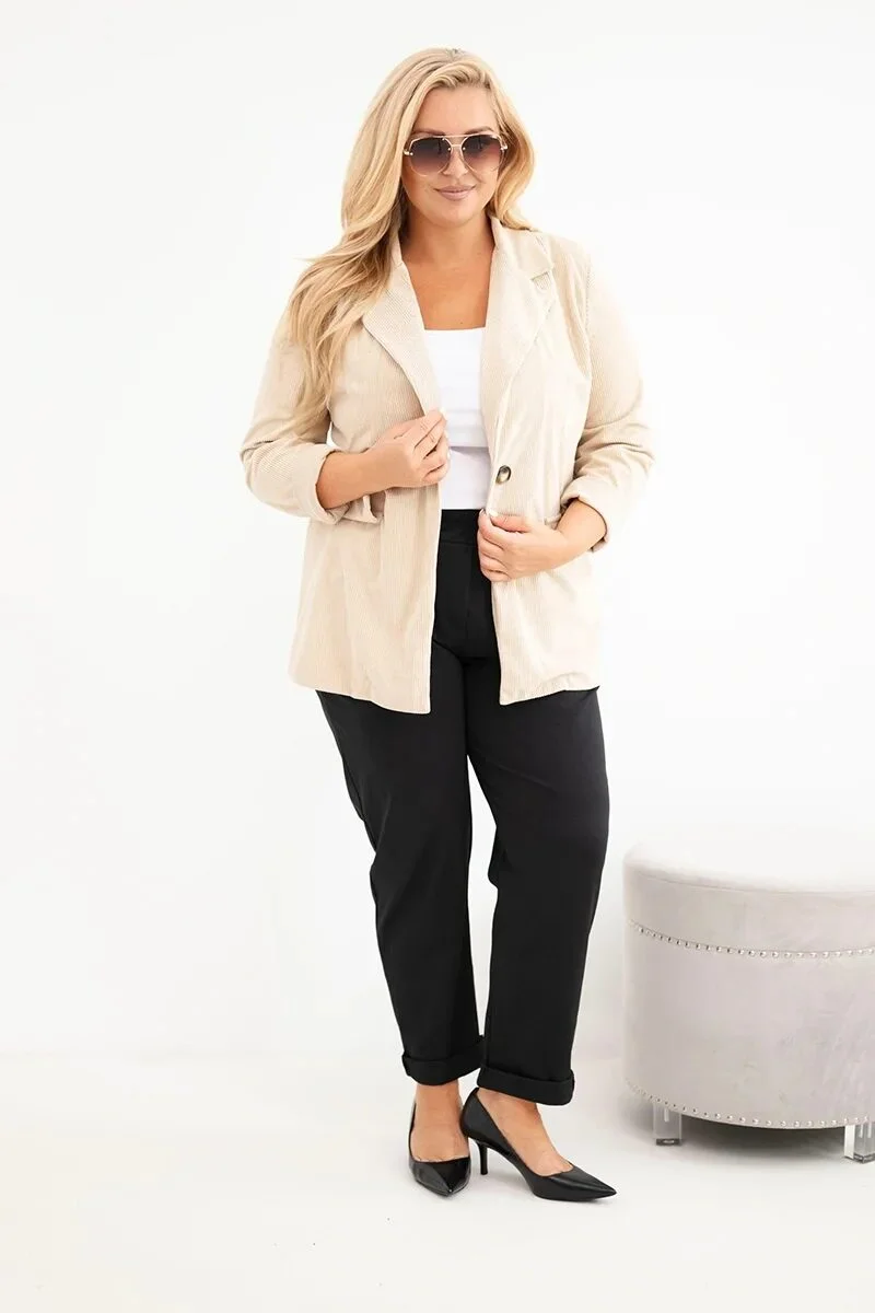 Marynarka damska Plus Size sztruksowa z klapami i kieszeniami beżowa - obrazek 2