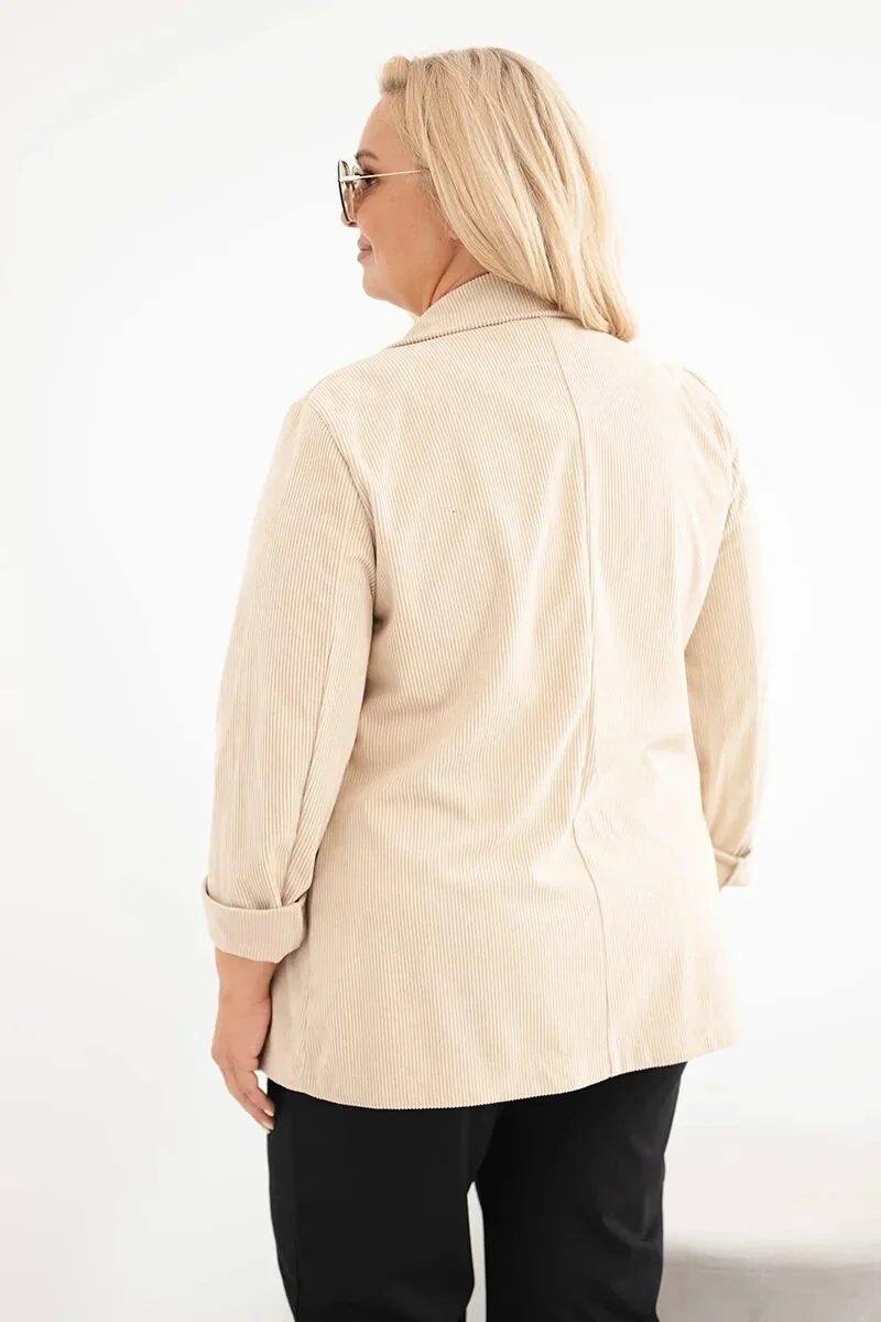 Marynarka damska Plus Size sztruksowa z klapami i kieszeniami beżowa - obrazek 3