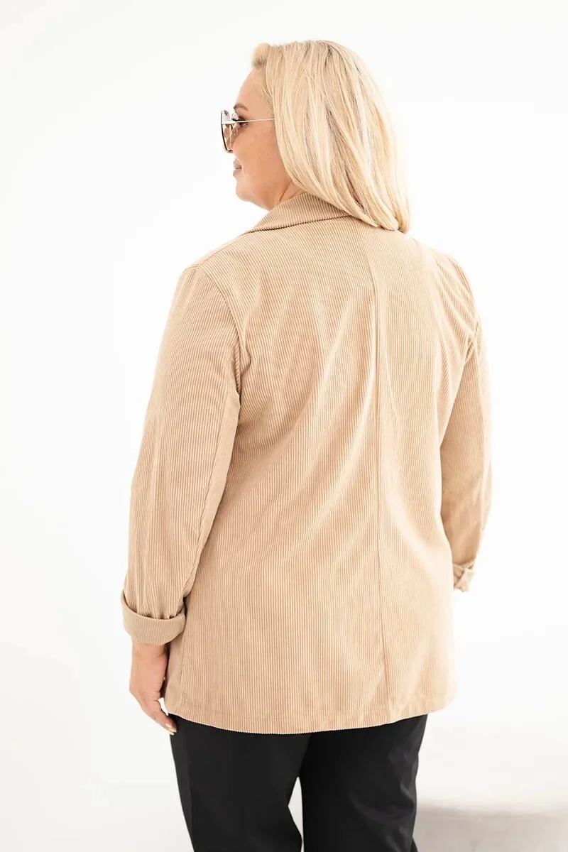 Marynarka damska Plus Size sztruksowa z klapami i kieszeniami camelowa - obrazek 3
