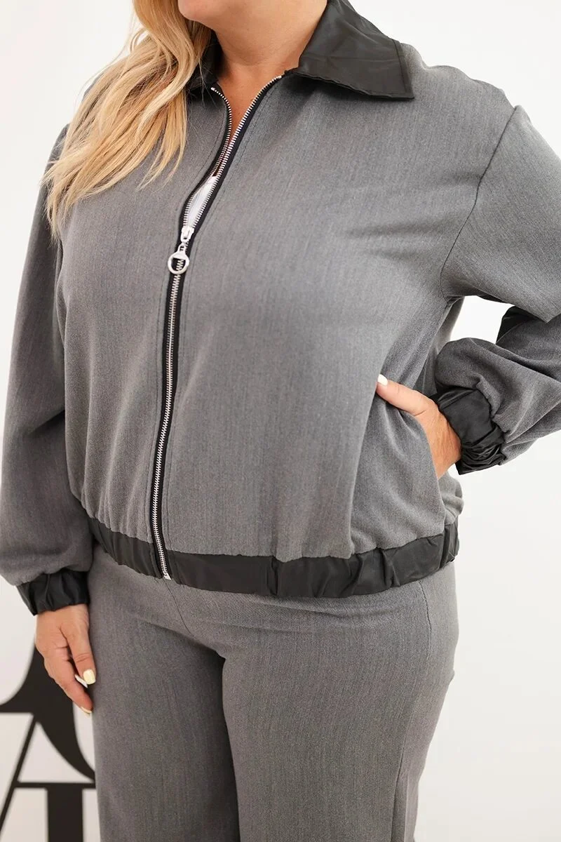 Komplet damski Plus Size z bluzą na zamek i szerokimi spodniami grafitowy - obrazek 4
