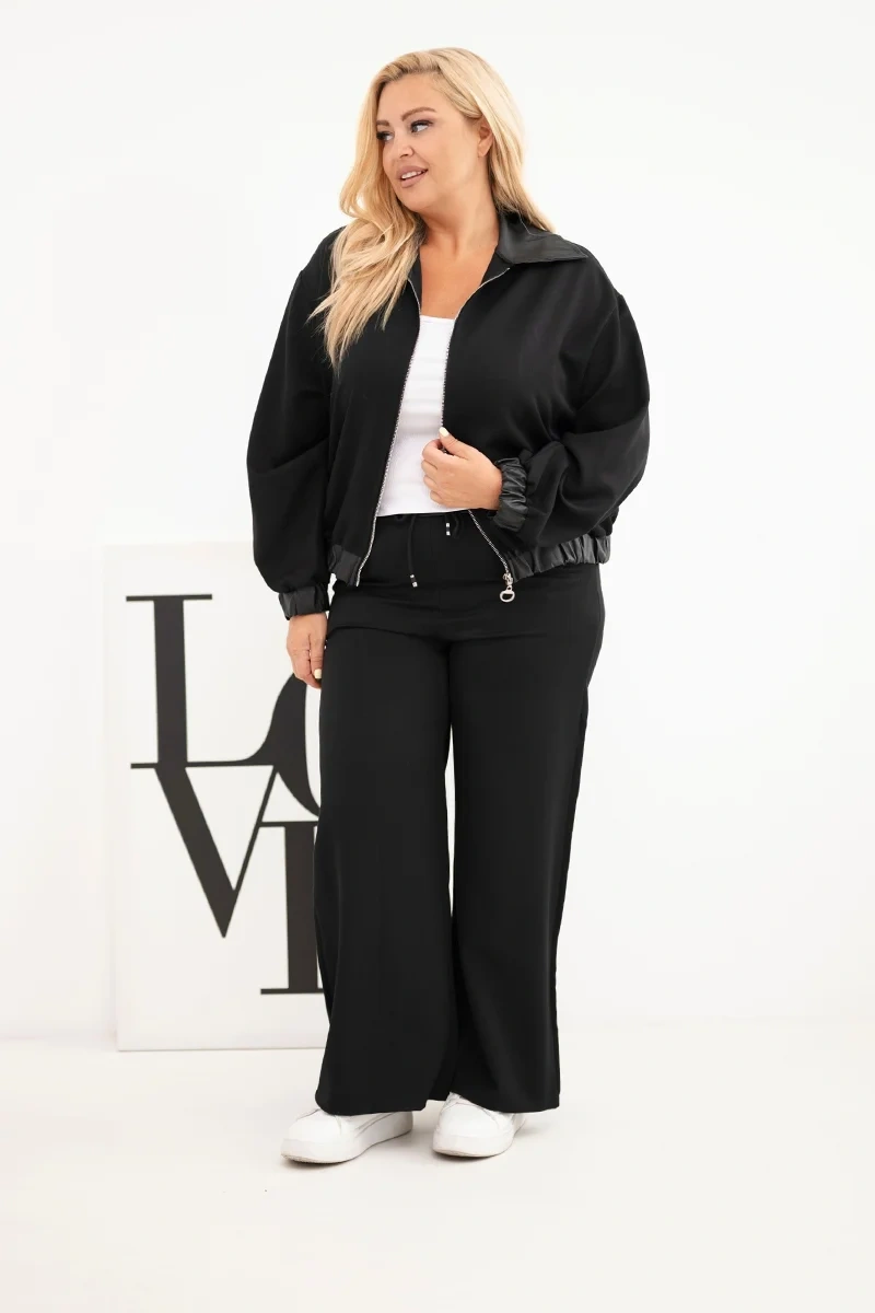 Komplet damski Plus Size z bluzą na zamek i szerokimi spodniami czarny - obrazek 2