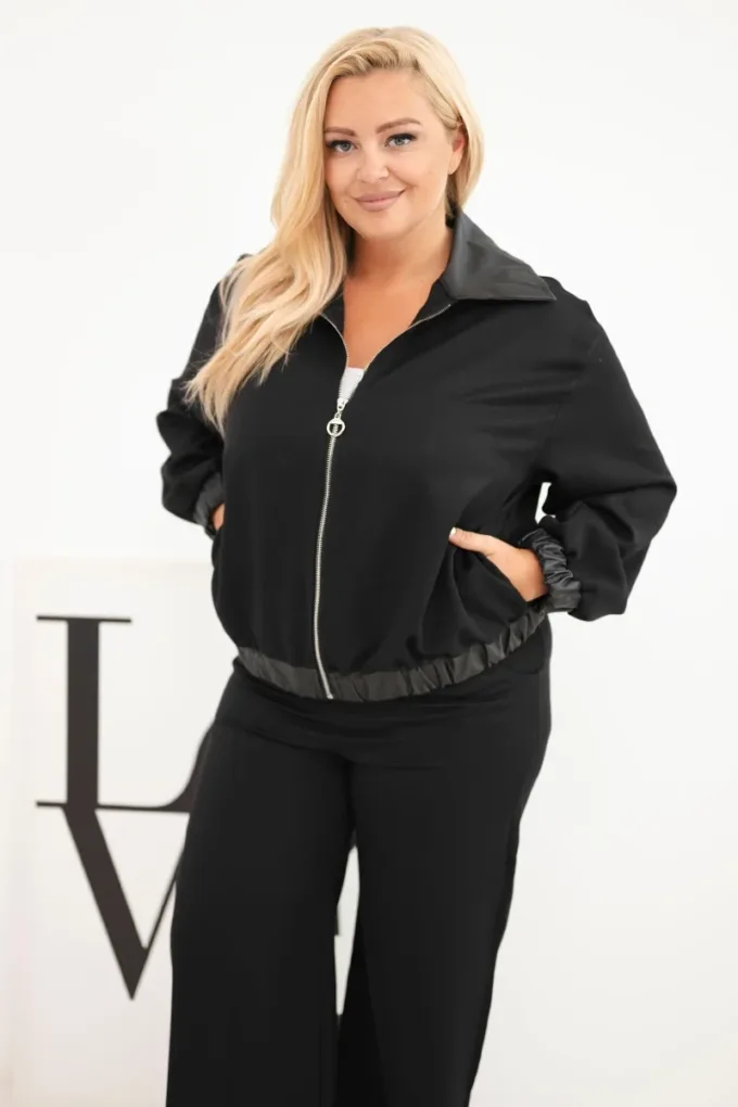 Komplet damski Plus Size z bluzą na zamek i szerokimi spodniami czarny