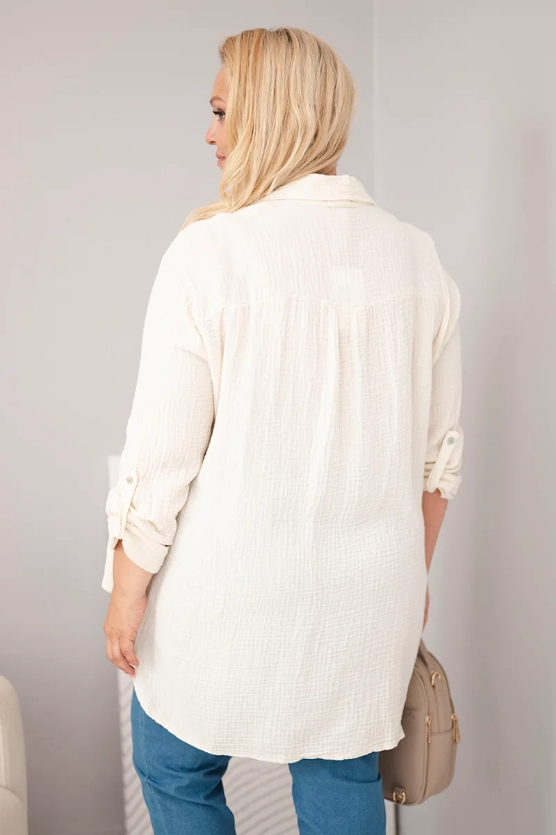 Koszula bawełniana muślinowa Plus Size jasno beżowa - obrazek 3