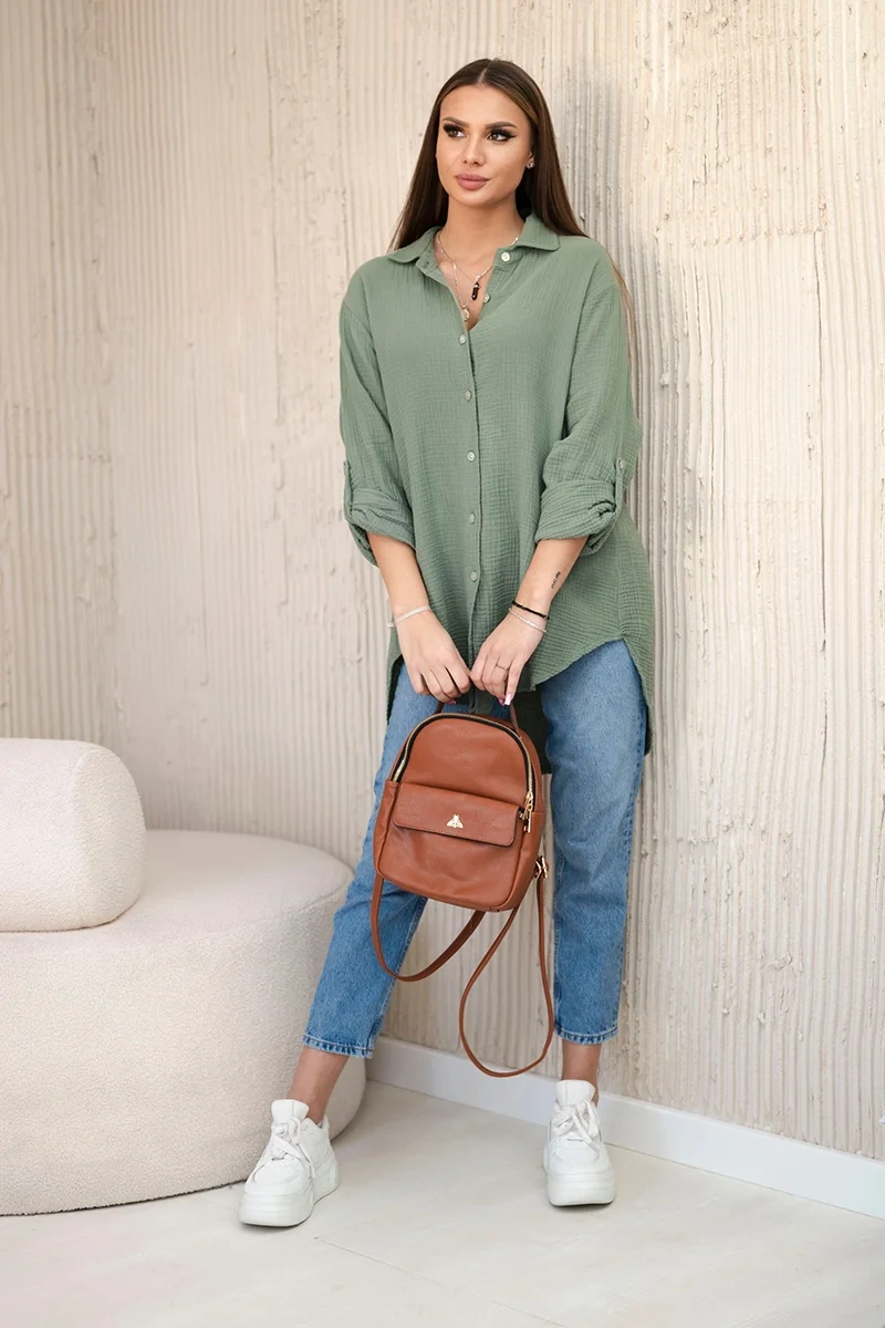 Koszula bawełniana muślinowa oversize khaki - obrazek 2