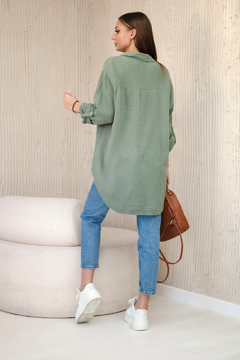Koszula bawełniana muślinowa oversize khaki - obrazek 3