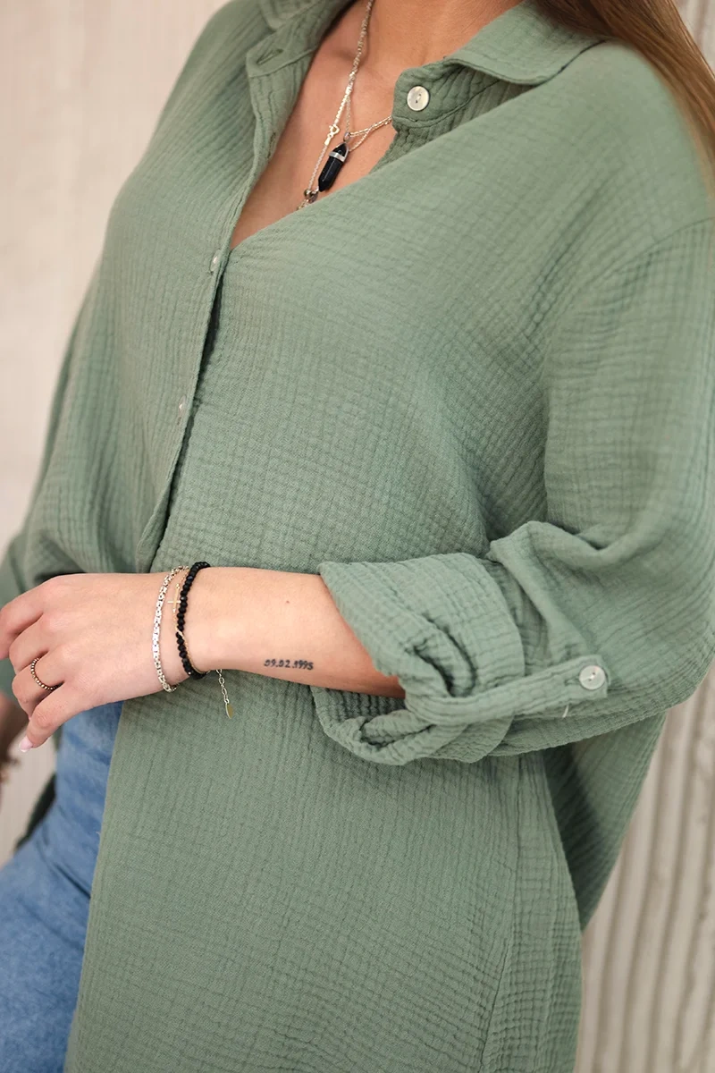 Koszula bawełniana muślinowa oversize khaki - obrazek 4