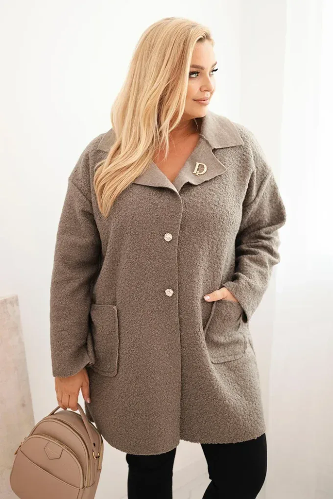 Płaszcz damski Plus Size baranek z wełną i kieszeniami fango