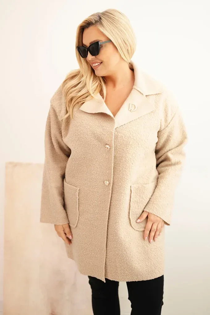 Płaszcz damski Plus Size baranek z wełną i kieszeniami beżowy
