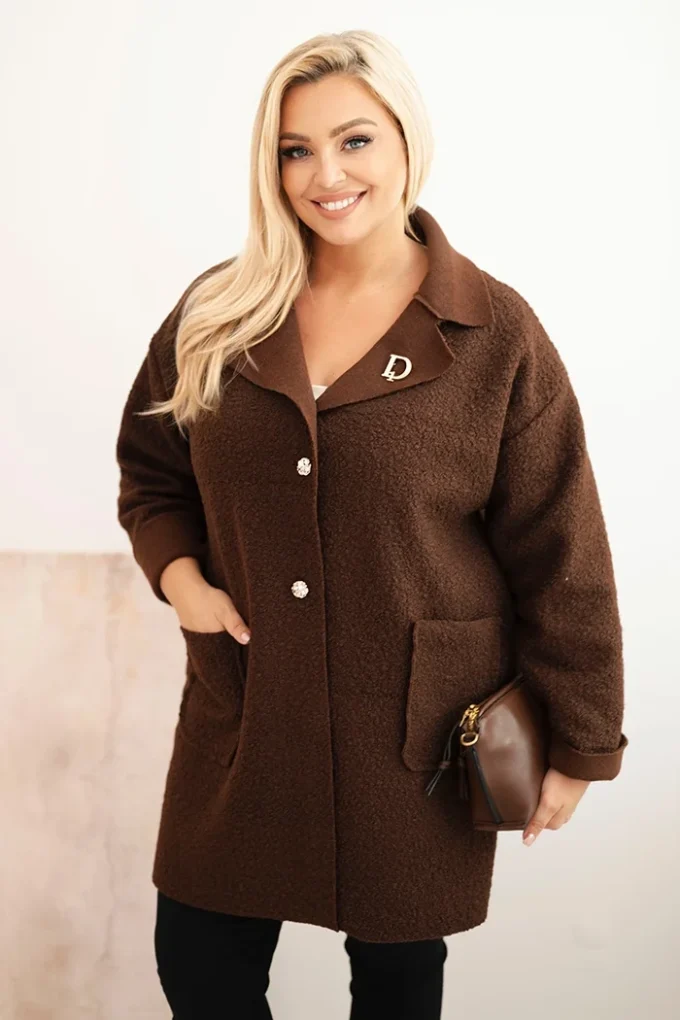 Płaszcz damski Plus Size baranek z wełną i kieszeniami brązowy