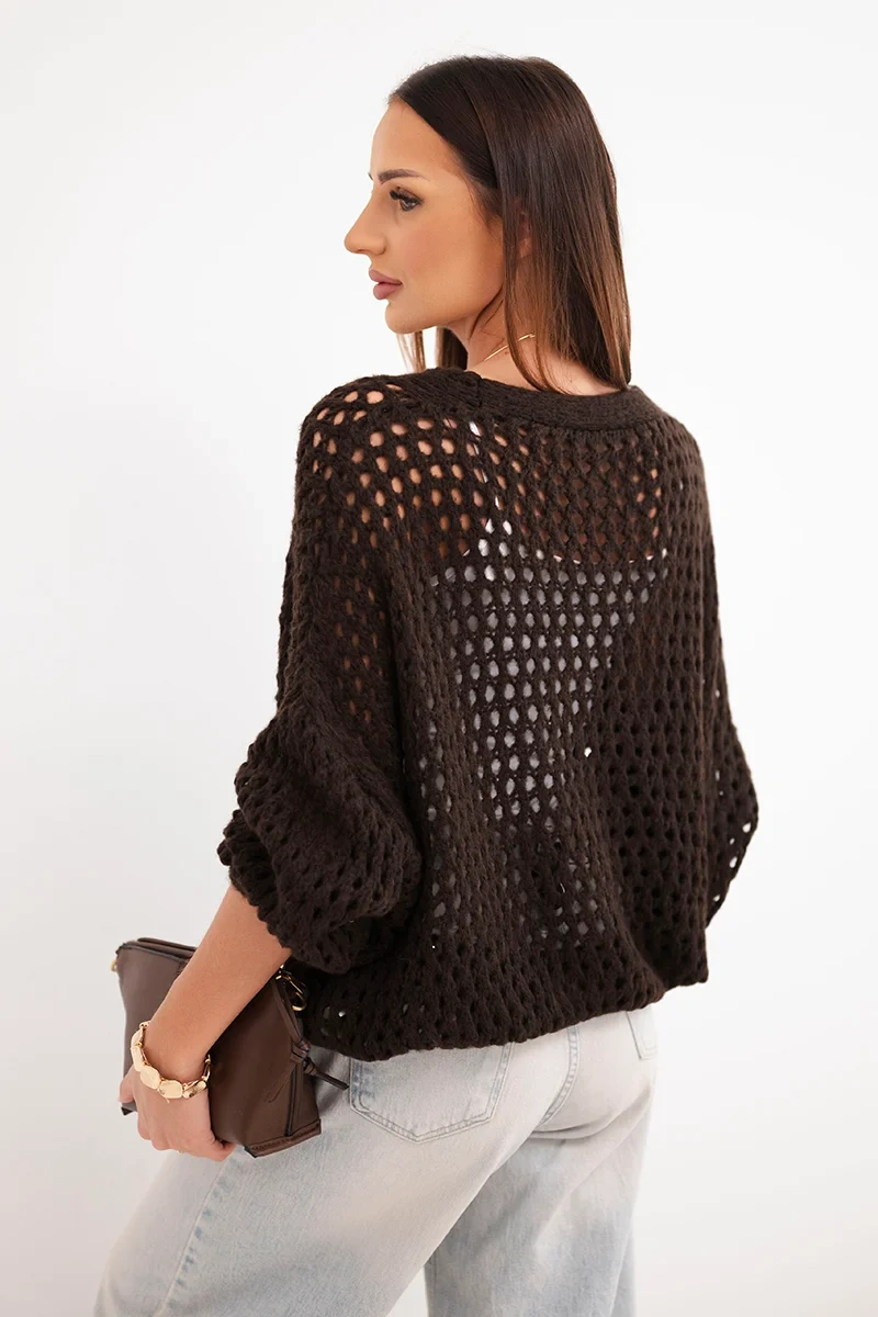 Sweter damski ażurowy oversize zapinany na guziki brązowy - obrazek 3
