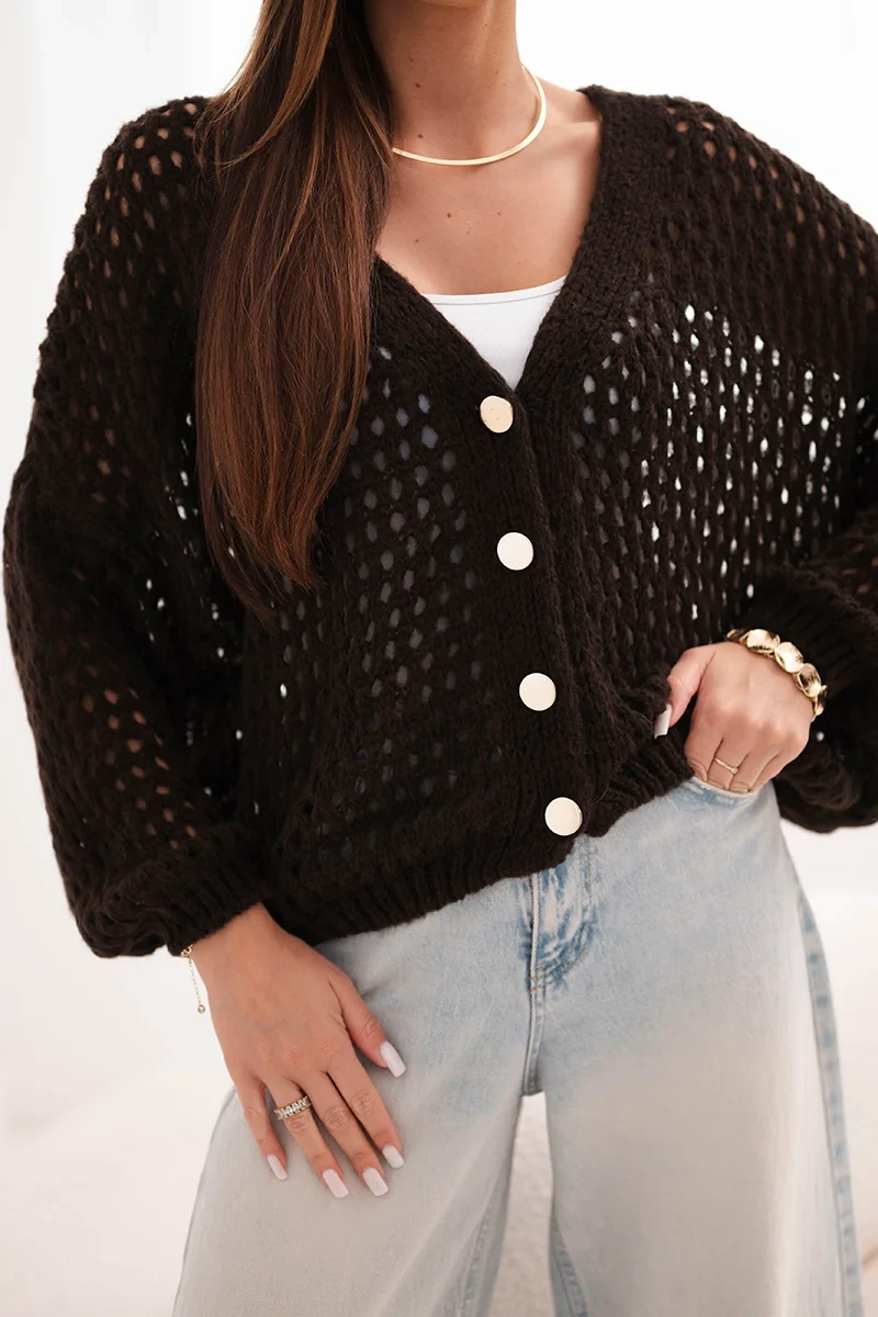 Sweter damski ażurowy oversize zapinany na guziki brązowy - obrazek 4