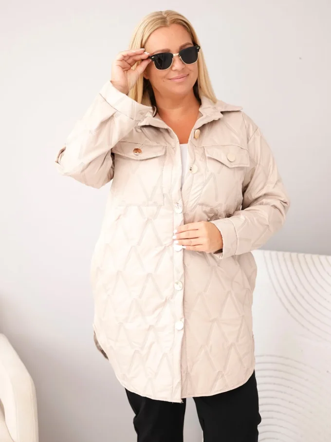 Kurtka damska Plus Size pikowana z kołnierzem i kieszeniami ciemno beżowa