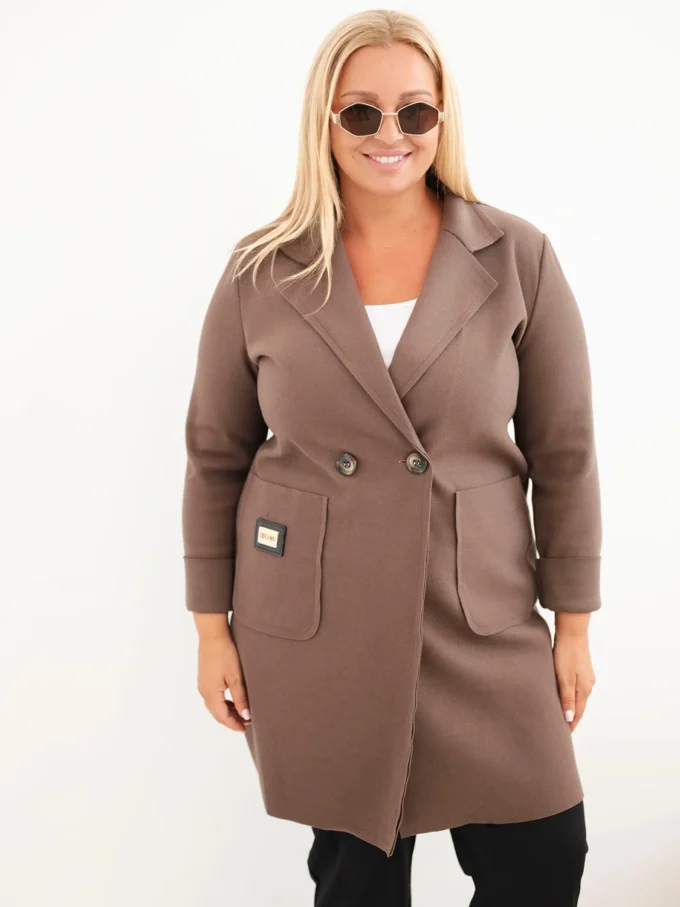 Płaszcz damski elegancki Plus Size z kołnierzem i dużymi kieszeniami fango