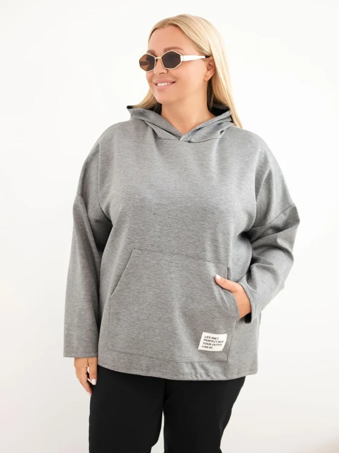 Bluza damska Plus Size masełko z kapturem i kieszenią kangurką grafitowy melanż