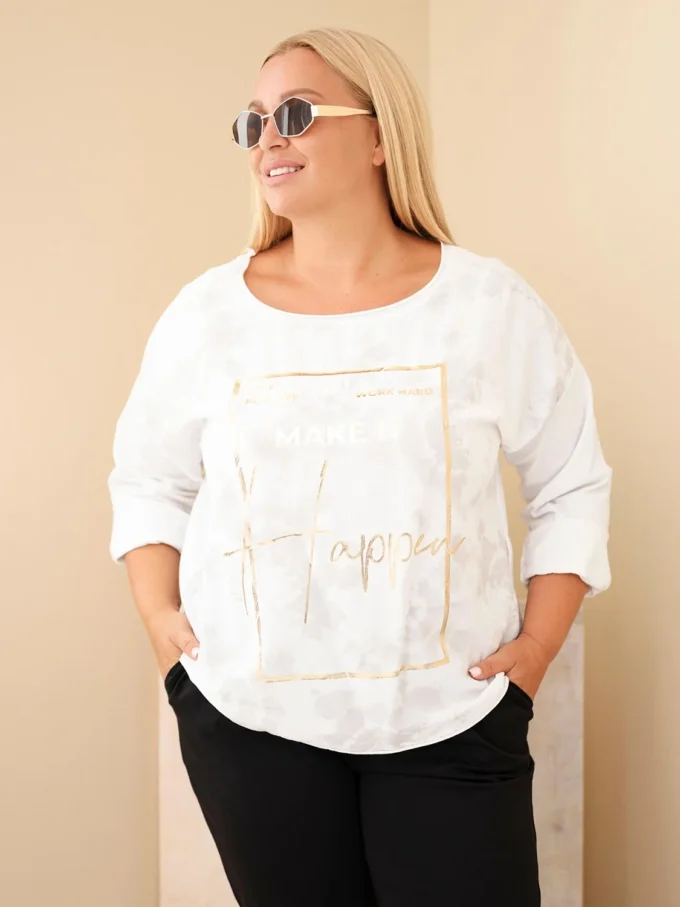 Bluzka damska bawełniana Plus Size z nadrukiem i dekoltem U biała