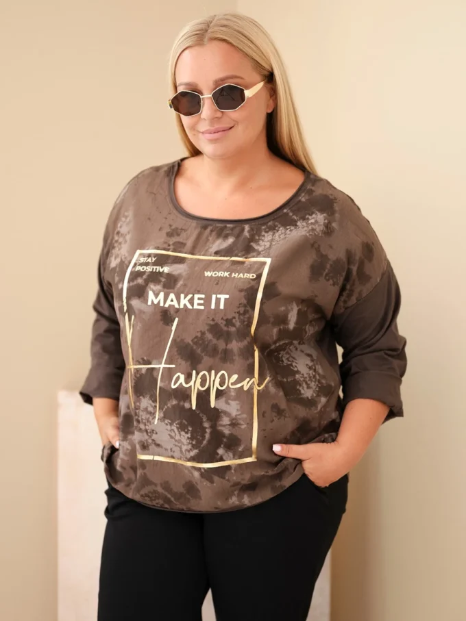 Bluzka damska bawełniana Plus Size z nadrukiem i dekoltem U brązowa