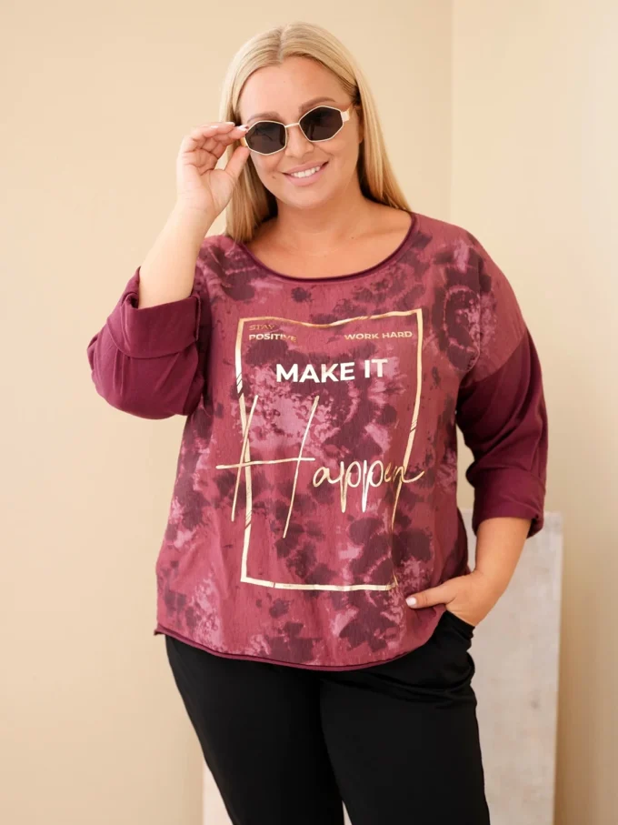 Bluzka damska bawełniana Plus Size z nadrukiem i dekoltem U śliwkowa