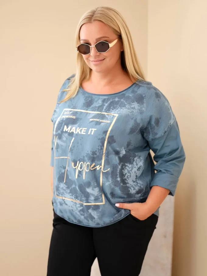 Bluzka damska bawełniana Plus Size z nadrukiem i dekoltem U jeansowa
