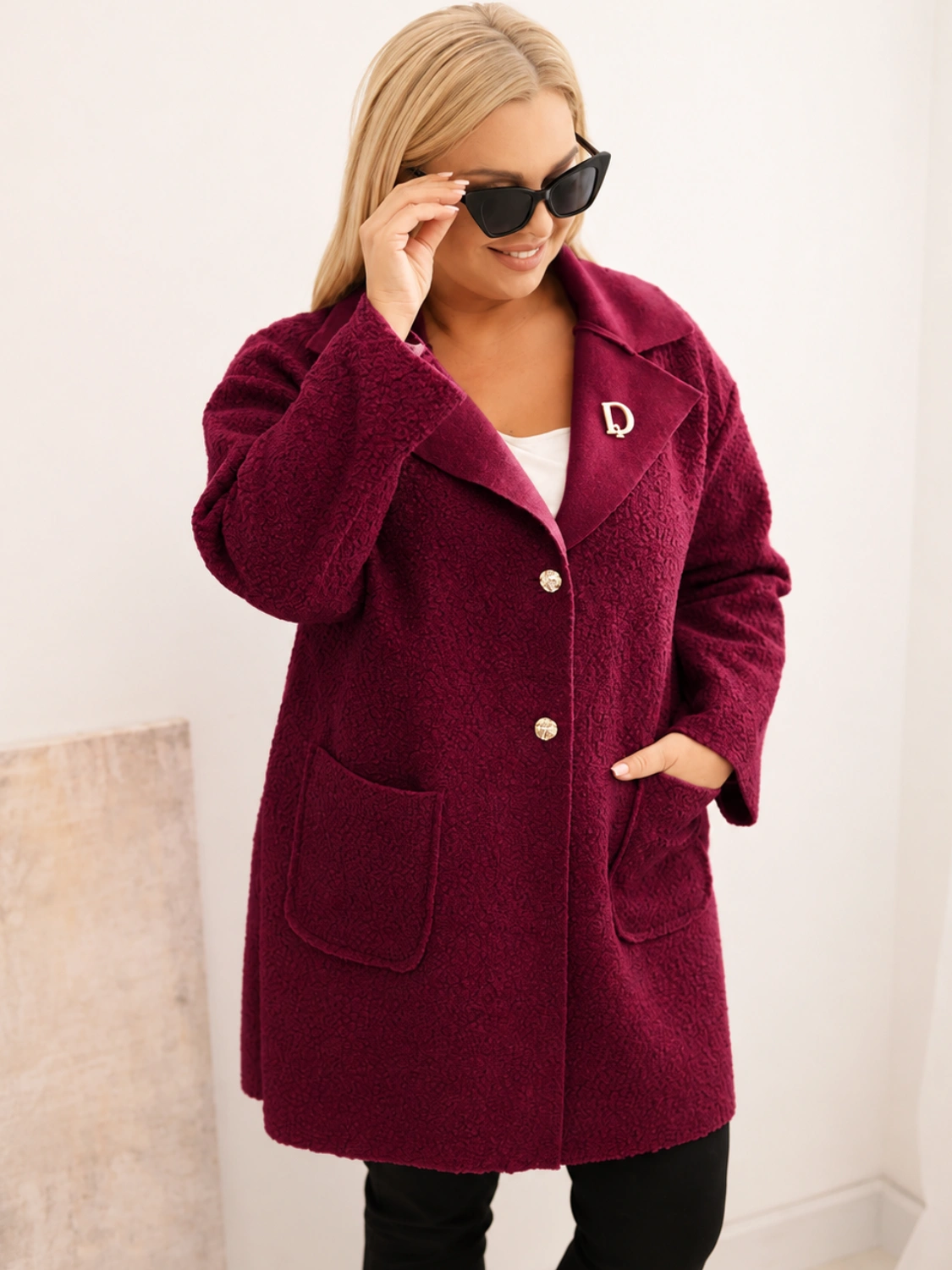 Płaszcz damski Plus Size baranek z wełną i kieszeniami bordowy
