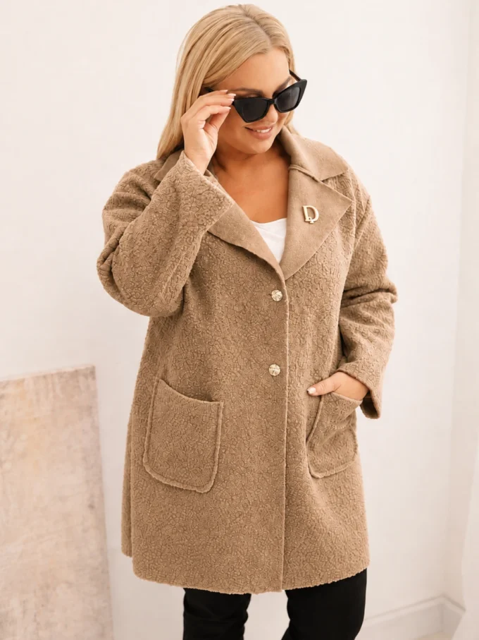 Płaszcz damski Plus Size baranek z wełną i kieszeniami camelowy